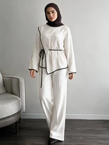 Solavon Women's Korean Style Striped Colorblock Tie-Front Shirt - Beige - View 6