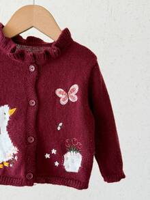 SHEIN 女嬰百搭甜美刺繡單排扣長袖針織秋季開襟衫 - 酒紅色 - 查看 8