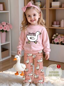 (1套) 女嬰秋冬休閒可愛卡哇伊卡通鴨子與水波紋圖案圓領衛衣 + 寬腿長褲 - 彩色 - 查看 4