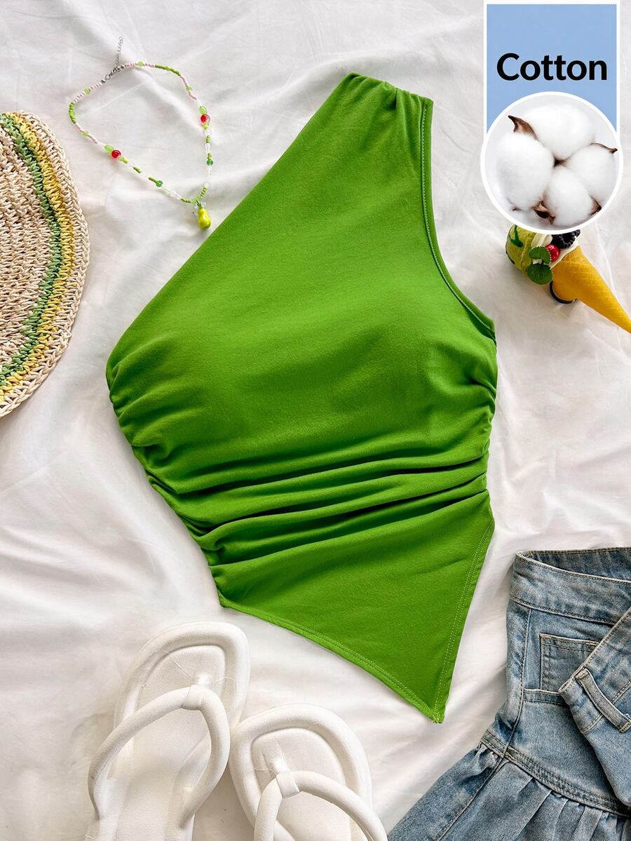 Soleia Women's Cotton Asymmetrical Hem One-Shoulder Top For Summer Vacation - Green - View 1