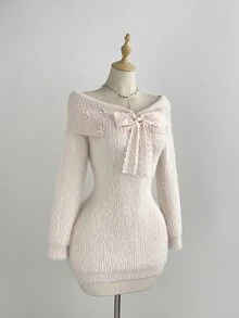 Elamini Women's Sweet Bow Decor Sweater Dress - Apricot - View 4