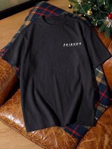 FRIENDS X SHEIN Men's Letter Print Short Sleeve Versatile T-Shirt - Black - View 3