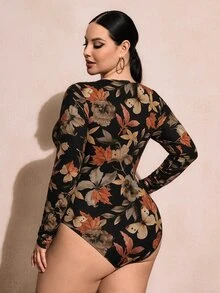 SHEIN SXY 女款大尺碼秋季方領休閒極簡碎花楓葉印花緊身連身衣，秋冬性感修身，Y2K 外出穿搭 - 彩色 - 查看 2