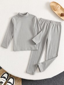 SHEIN 兒童 2 件組 青少年男孩休閒配色保暖領長袖上衣與長褲內衣套裝，適合秋冬穿著 - 灰色 - 查看 4