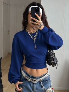 Coolane 女款秋冬返校基本款純色百褶不對稱領長袖套頭黑色運動衫 - 寶藍色 - 查看 3