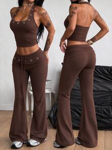 Coolane Women's Eyelet Design Halter Neck Tank Top And Flare Pants Casual 2 Pieces Set - Brown - View 2