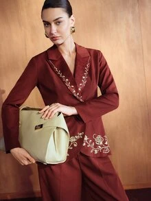 MOTF PREMIUM WOMEN'S FLORAL EMBROIDERED LAPEL NECK LONG SLEEVE ELEGANT BLAZER - Coffee Brown - View 4