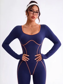 SHEIN Core Rhythm Women's Seamless Dopamine Sexy Line Contrast Color Long Sleeve Long Pants Jumpsuit, Suitable For Sports, Yoga, Workout, Running - Navy Blue - View 5