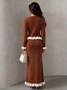 Modelyn Women's Contrast Color V-Neck Casual Daily Summer Knit Long Sleeve Top & Earrings & Skirt Optional Knit Set - Brown - View 2