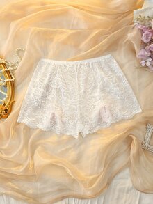 DelicateAllure White Lace Patchwork Split Bow Sweet Cute Plus Size Panties - White - View 2