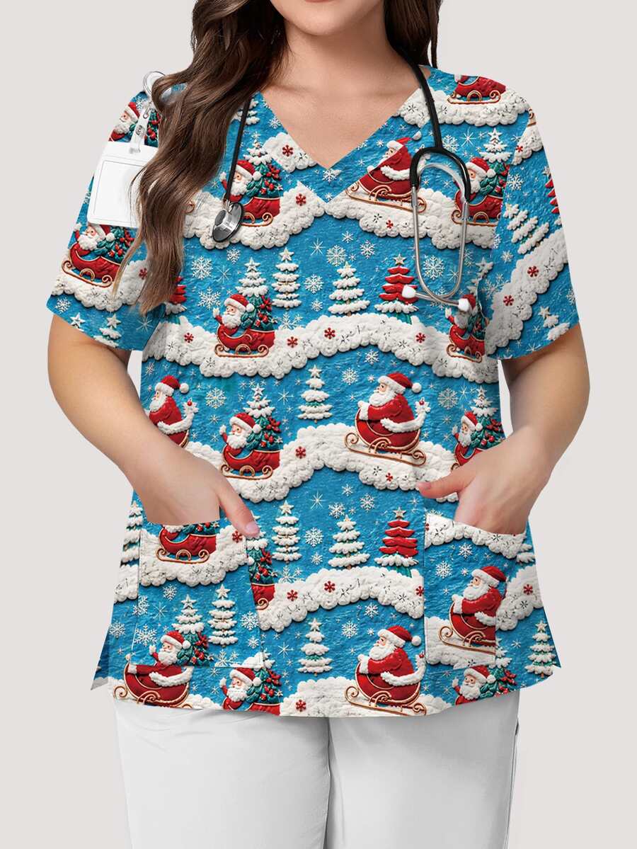PopScrub Women's Plus Size Santa Claus Print Short Sleeve Scrub Top - Multicolor - View 1