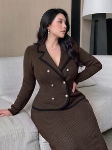 Modelyn Plus Size Vintage Double-Breasted Jacket And Long Skirt 2 Pieces Set - Coffee Brown - View 5