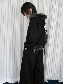 DAZY Women's Casual Long Sleeve Hoodie & Long Pants 2 Pieces Set, Korean Style - Black - View 3