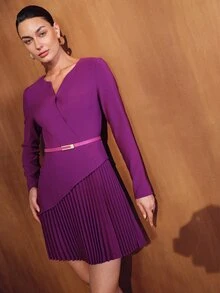 MOTF PREMIUM FASHIONABLE WAIST-CINCHED PLEATED PATCHWORK DESIGN ELEGANT SLIMMING COMMUTER WOMEN'S DRESS - Hot Pink - View 7