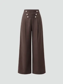 Sweetra CURVE Plus Size Women's Elegant Solid Color Decorative Button Long Wide Leg Casual Pants - Brown - View 1