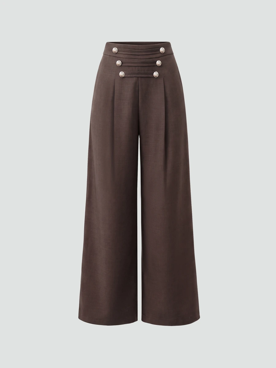 Sweetra CURVE Plus Size Women's Elegant Solid Color Decorative Button Long Wide Leg Casual Pants - Brown - View 1