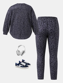 Young Girl Letter Leopard Kids Print Long Sleeve T-Shirt And Leggings Casual Set - Multicolor - View 2