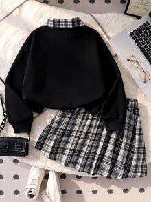 SHEIN 青少年女孩秋季上衣2件套 T恤套裝，復古、寬鬆、針織、休閒、秋季、假日穿搭、舒適 - 黑色 - 查看 2