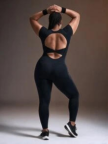 Powerista One Piece Jumpsuit For Women Square Neck Short Sleeve Backless Bodysuit Tummy Control Butt Lifting Seamless Workout Leggings Fall Halloween Black Plus - Black - View 6