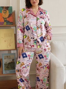 Chillnights Plus Size Cartoon Print Top And Pants Pajama Set - Multicolor - View 5