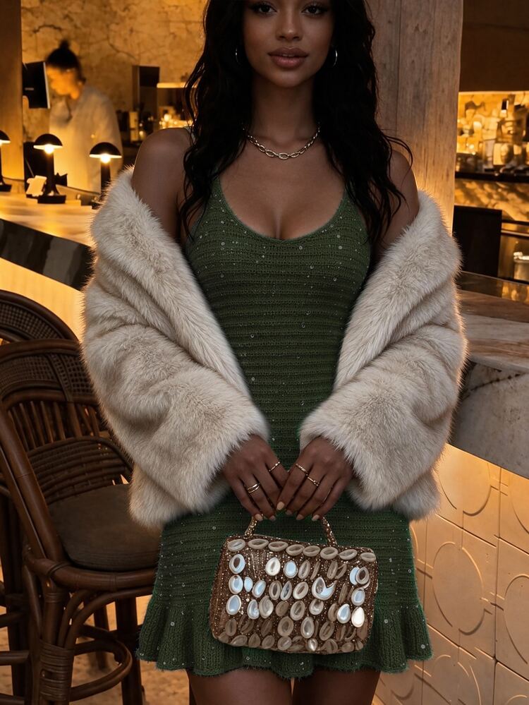 Selianne Elegant Sequin Sleeveless V-Neck Design Women's Sweater Dress - Green - View 3