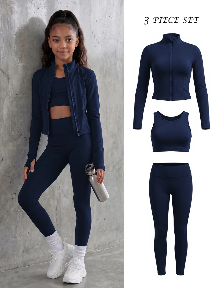 SHEIN Tween Girls 3pcs Set, Black Outfit, Sports Modest Athletic Jacket + Tank Top + Leggings, Autumn, High Stretch Fabric, Gym Active - Navy Blue - View 1