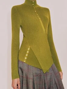 Anewsta Essential Women Elegant Half High Neck Ribbed Knit Pullover, Cross Wrap Side Button Irregular Asymmetrical Hem Slim Fit Long Sleeve Sweater, Autumn Winter Chris - Green - View 1