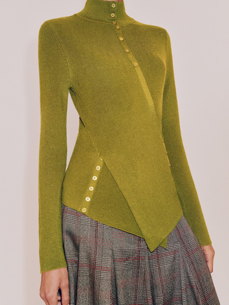 Anewsta Essential Women Elegant Half High Neck Ribbed Knit Pullover, Cross Wrap Side Button Irregular Asymmetrical Hem Slim Fit Long Sleeve Sweater, Autumn Winter Chris - Green - View 1