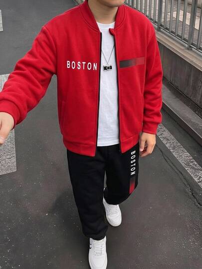 SHEIN 2er/Set Kinder Tween Jungen Lässig Sportlich Vielseitig Baseballjacke Sweatshirt & Jogginghose Set, geeignet für Pendeln, Schule, tägliche Freizeitkleidung, Sport, Herbst/Winter