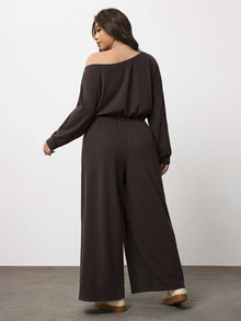 Enliva Plus Size One Shoulder Wide Leg Jumpsuit With Elastic Waist Compatible With Apple Body Round Body - Brown - View 2