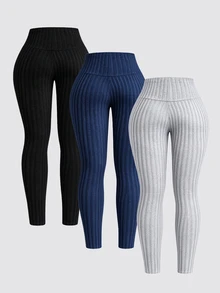 Airaco 3 PiecesSet: Plus Size Solid Color Ribbed Fleece Leggings Fall Winter - Multicolor - View 2