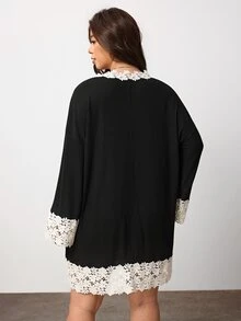 Enliva Plus Size Contrast Lace Trim V Neck Knit Mini Dress Compatible With Apple Body Round Body - Black - View 2