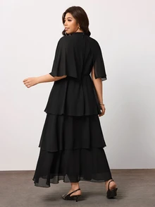 Enliva Plus Size Black Tiered Maxi Dress With Sheer Cape Sleeves For Pear Body - Black - View 2