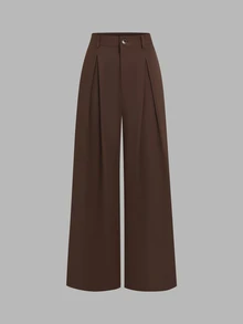 Sweetra Colorblock Long Sleeve 2 In 1 Bandeau Blouse & Loose Straight Leg Pants, Elegant Commute Office Women's Suit Two Pieces Set, Spring/Autumn - Brown - View 5