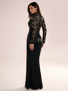 Avenya Stand Collar Long Sleeve Lace Sheer Patchwork Low Waist Ruffle Satin Dress For Party, Back To School - Black - View 2