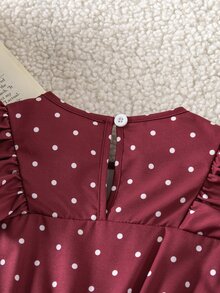 SHEIN Girlss Ditsy Floral Ruffle Collar Long Sleeve Dress Covered In Tiny Ditsy Floral Double-Layered 3D Ruffle Collar Elasticized Lettuce Hem Cuffs Suitabl - Burgundy - View 7
