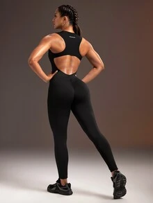 Powerista Women's Letter Print Backless Casual Daily Travel Sports Romper - Black - View 3