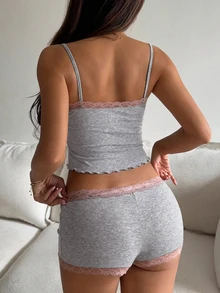 Livesso 女款對比色蕾絲蝴蝶結裝飾細肩帶上衣與短褲睡衣套裝 夏季 - 淺灰色 - 查看 2