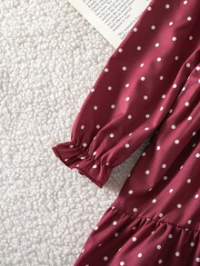 SHEIN Girlss Ditsy Floral Ruffle Collar Long Sleeve Dress Covered In Tiny Ditsy Floral Double-Layered 3D Ruffle Collar Elasticized Lettuce Hem Cuffs Suitabl - Burgundy - View 5