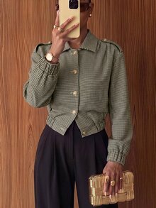 Lumalex 千鳥格飛行員西裝外套 翻領 金色鈕扣 長袖 鬆緊下擺 寬鬆修身剪裁 秋冬款 - 墨綠色 - 查看 1