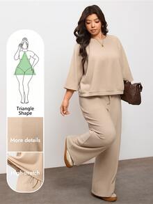 Enliva Plus Size Knit Two Pieces Set With Wide Leg Pants For Pear Body - Khaki - View 1
