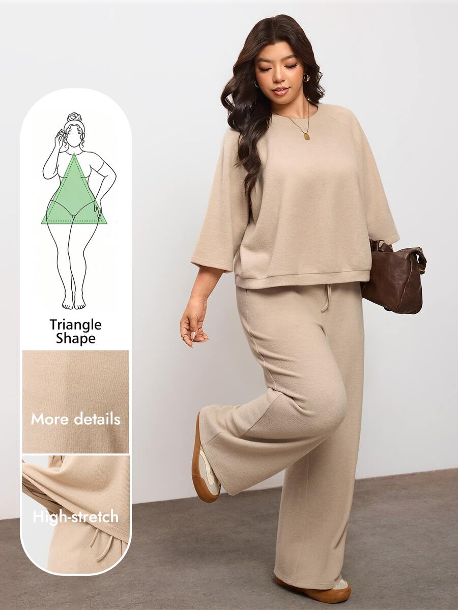 Enliva Plus Size Knit Two Pieces Set With Wide Leg Pants For Pear Body - Khaki - View 1
