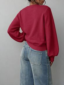 SHEIN BASICS 女款素色圓領長袖休閒基礎款寬鬆針織衫，淡黃色，適合早午餐、學校、日常穿著，秋冬款 - 中紫紅色 - 查看 2