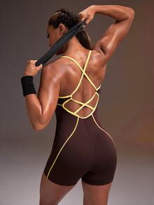 Powerista Women's Autumn Navy Criss Cross Open Back Contrast Stitching Sports Jumpsuit Short Leg Design Active Wear Gym Workout Athletic Modest - Brown - View 10