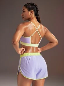 Powerista Women's Colorblock Tank Top And Pocket Double Layer Shorts Sports Set - Purple - View 3