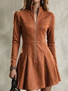 LUMIGAL Women's Solid Color Pleated Fashion Vintage Summer Dress - Brown - View 7