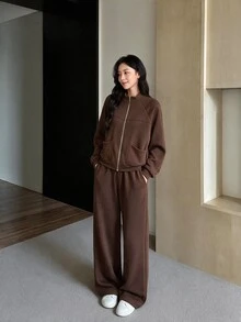 Yumoku Women's Solid Color Long Sleeve Zip-Up Hoodie And Pants Casual 2 Pieces Set - Coffee Brown - View 1