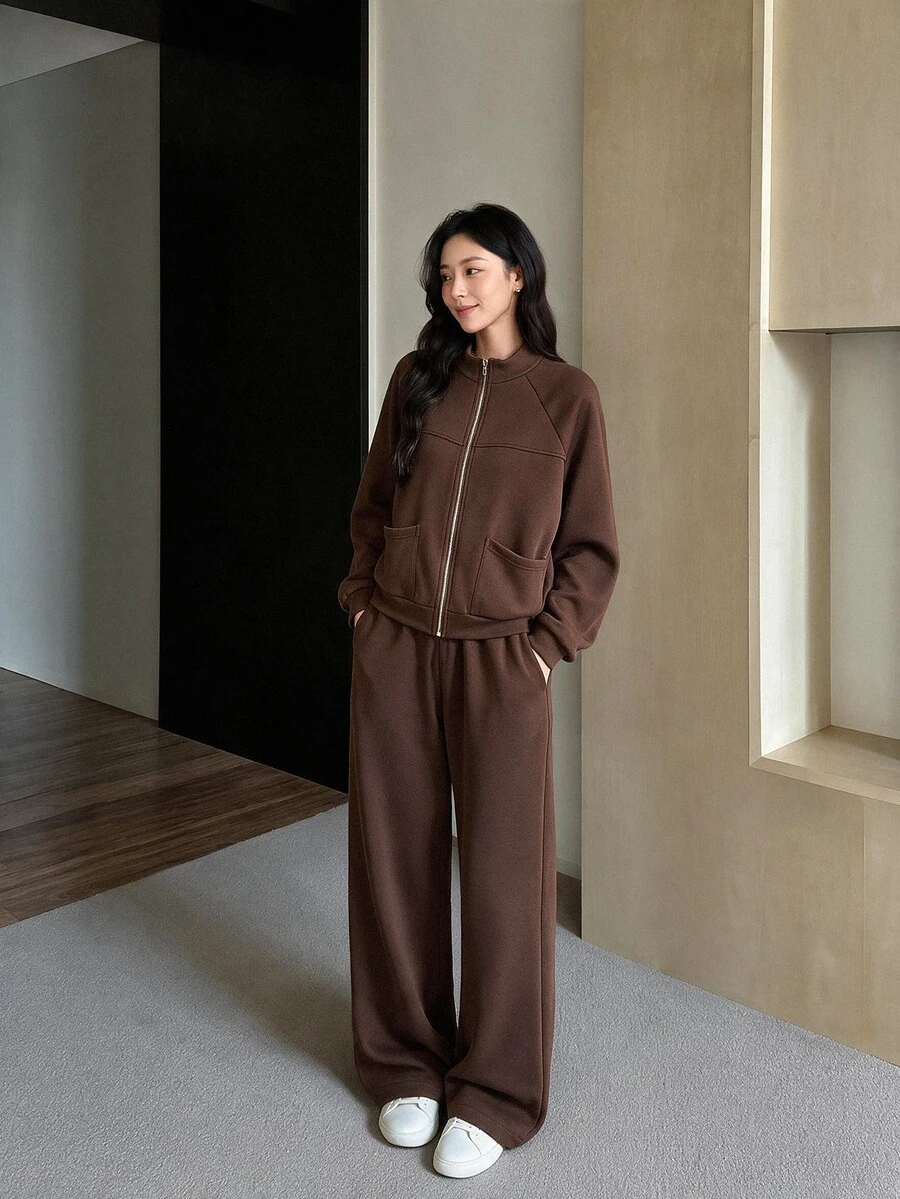 Yumoku Women's Solid Color Long Sleeve Zip-Up Hoodie And Pants Casual 2 Pieces Set - Coffee Brown - View 1