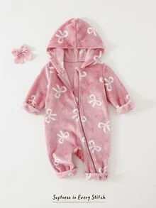Cozy Pixies 女嬰休閒蝴蝶結圖案毛絨連帽連身衣 長袖拉鍊連身褲 抓絨連身衣 一件式套裝 嬰兒幼兒冬季衣物 - 彩色 - 查看 5