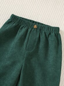 SHEIN 幼童男孩保暖內裡綠色條紋熊圖案運動衫與綠色燈芯絨長褲2件套，秋冬經典學院風上學日常穿搭 - 彩色 - 查看 3